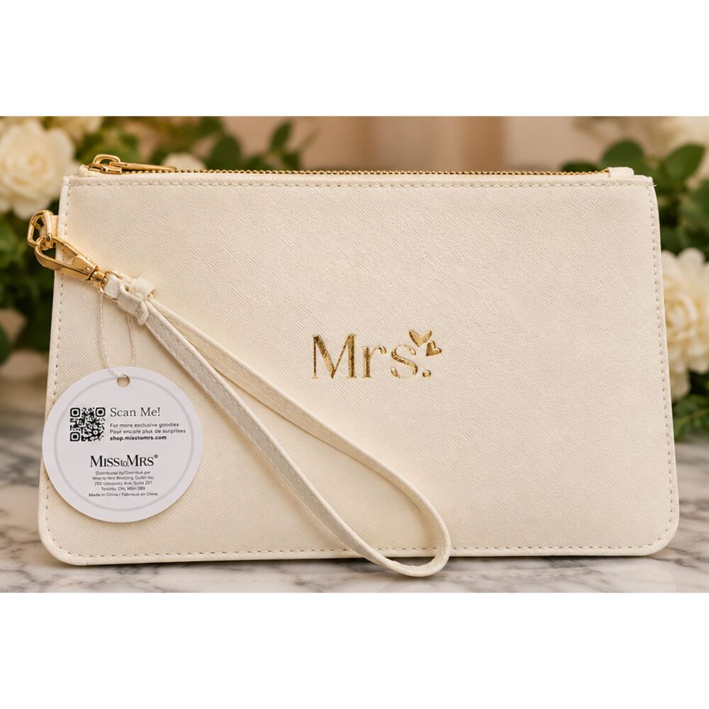 Miss To Mrs Cream Mrs Wristlet Clutch Bridal Wedding Bag Gold NWT